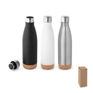 SOLBERG. Garrafa em aço inox de parede dupla térmica, isolada a vácuo, com tampa em aço inox e base em cortiça 560 mL