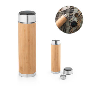 JOSHUA. Garrafa em aço inox e bambu de parede dupla térmica, isolada a vácuo com termómetro digital 430 mL