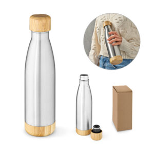 BROMELL 550. Garrafa em aço inox 90% reciclado de parede dupla térmica, isolada a vácuo com tampa em bambu 550 mL