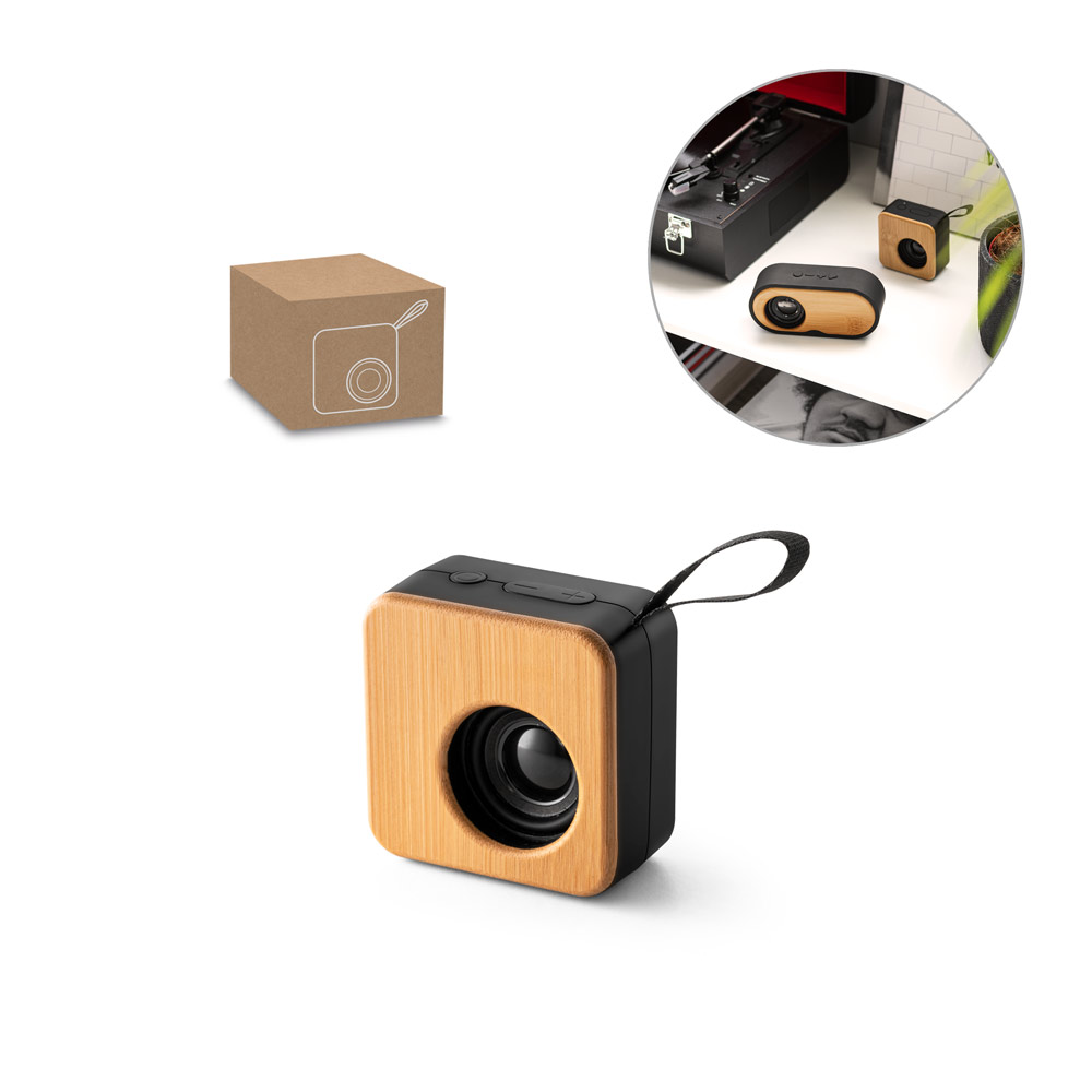 MAYER. Caixa de som portátil em bambu e ABS 100% reciclado com autonomia de 4h