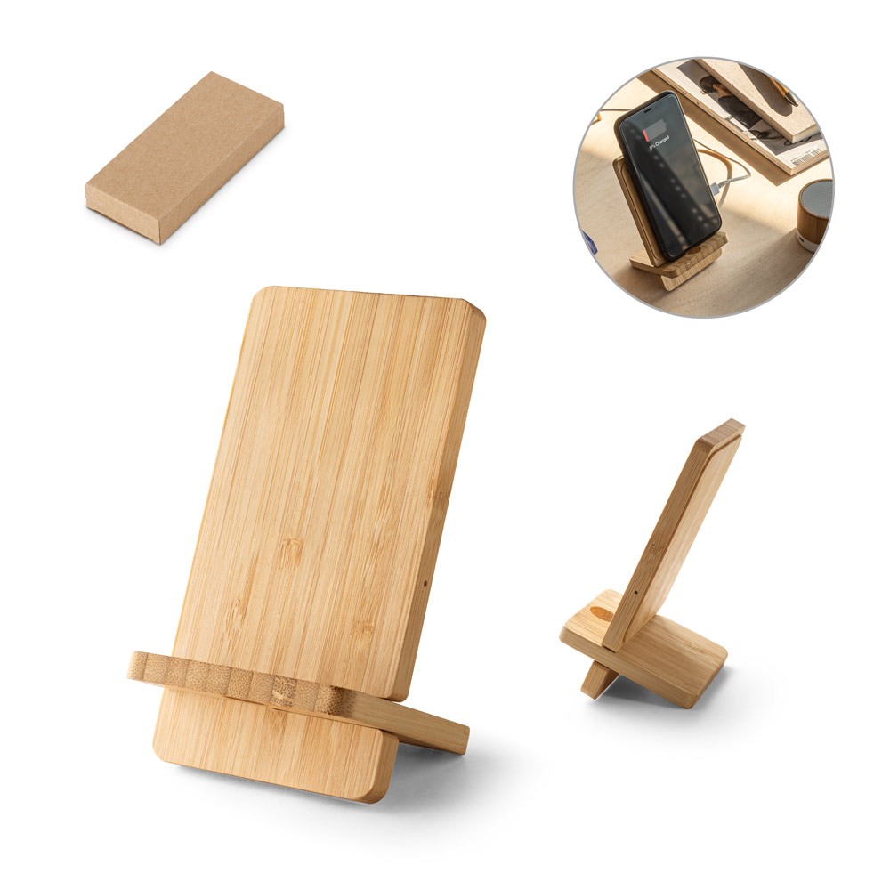 LANGE. Carregador por indução (wireless) super-rápido e suporte em bambu para smartphone 15 W